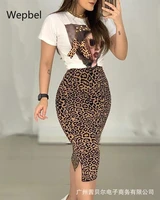 wepbel summer leopard women sets short sleeve tops tshirt high wasit bodycon skirt print set two piece set casual outfits