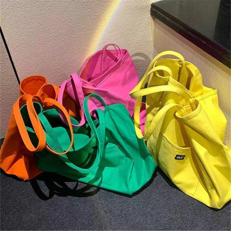 Women Canvas Tote Bag High-capacity 2021 Shoulder Students Shopping Ins Fashion Easy to Match Pure Colour Pink Yellow