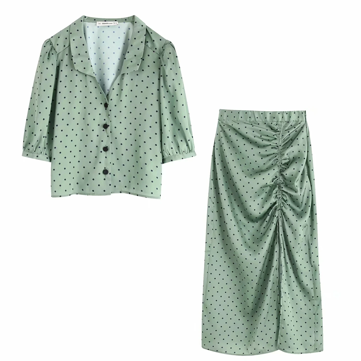 Женские атласные блузки с коротким рукавом рубашка в черный горошек зеленые топы