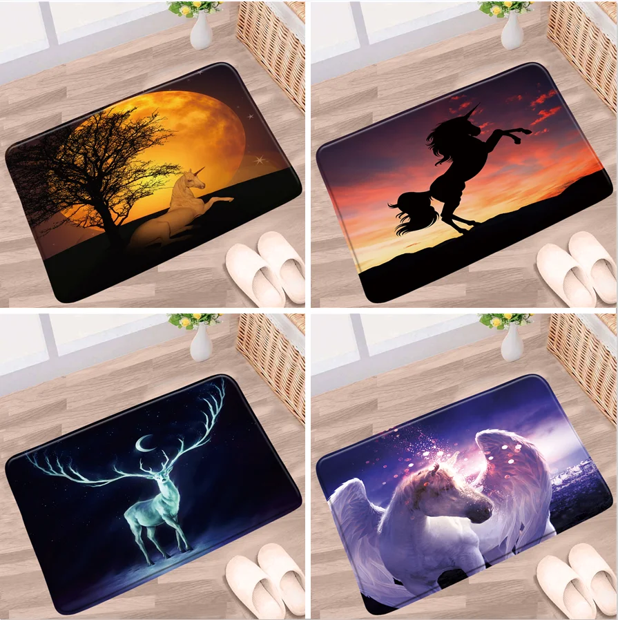 

Cosmic Starry Sky Unicorn Bathroom Mat Black Tree Animal Elk Moon Night Scenery Non-Slip Rug Toilet Kitchen Doorway Aisle Carpet