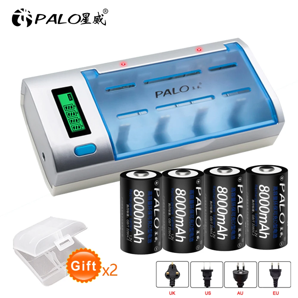 

Palo 4pcs 1.2 Volts Ni-MH 8000mAh Rechargeable D Battery Pre-charged+LCD Smart Batterie Charger for 1.2V AA AAA CD 9V Batteria