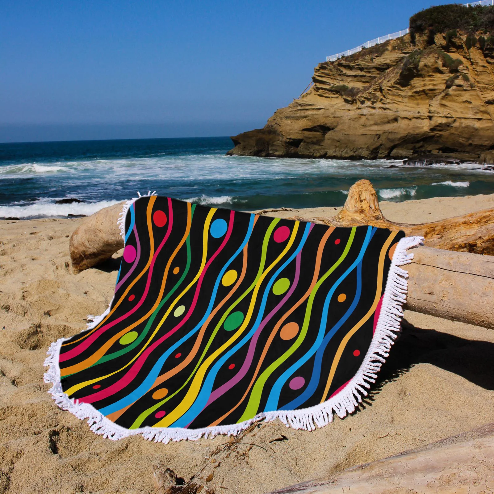 Circular Rainbow Wave Swimming Towel Microfiber Beach Towels Yoga Mat Shawl Round Tassel | Towel/Towel Set
