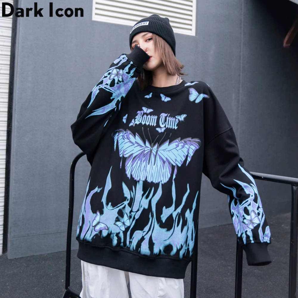 

Синяя толстовка хип-хоп с бабочкой, Женская толстовка с градиентным пламенем, уличная одежда для пары