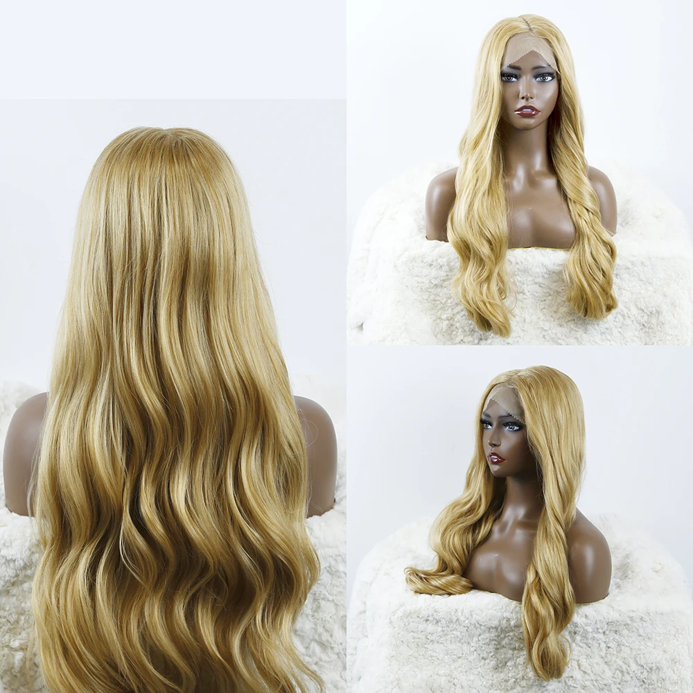 

UFANCA Long Ombre Pre-lace Ash Brown Blonde Wavy Wig Cosplay Party Daily Synthetic Wig for Women High Density Temperature Fibre