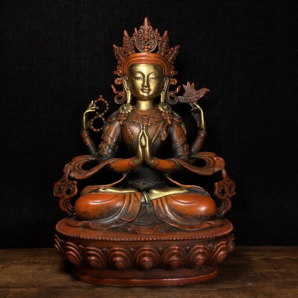 

12 дюймов Тибетский буддистский храм старая бронзовая позолоченная настоящая Золотая четырёхвооруженная Гуаньинь Будда Амитабха Священна...