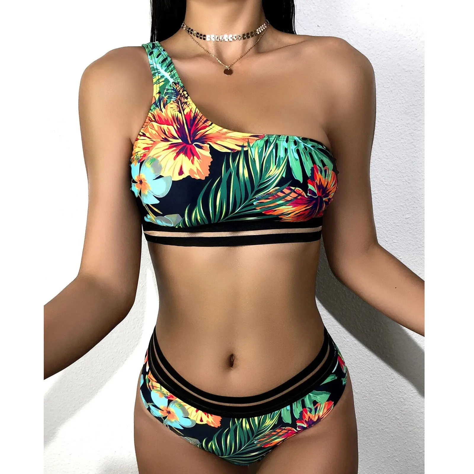 

Модный женский купальник, раздельные бикини с принтом, комплект бикини пуш-ап, купальники на одно плечо, комплект пляжной одежды из двух пре...