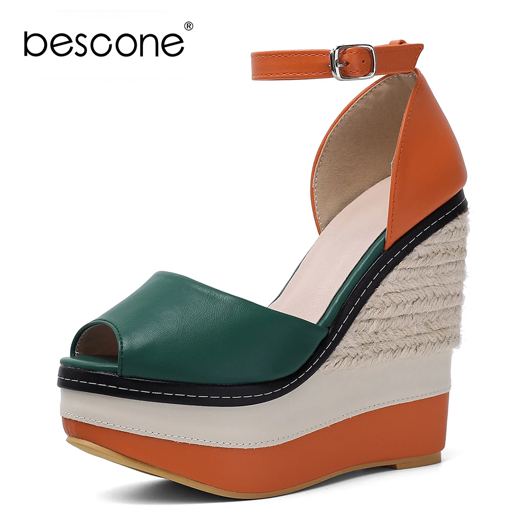 Женские босоножки на танкетке BESCONE стильные сандалии с открытым носком очень