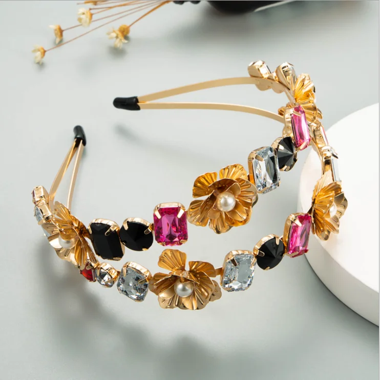 

women hairbands Creative double row metal butterfly flower pearl headbands