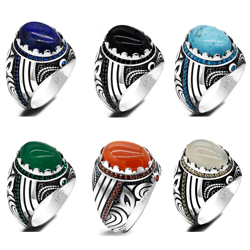 

Real 925 Sterling Silver Men Ring with Big Agate/Lapis /Turquoise Gemstone Vintage Turkish Male Rings Jewelry Precious Gift