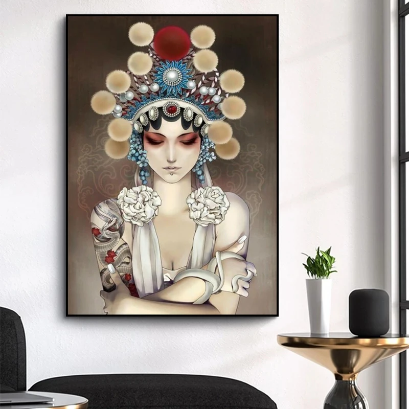 

Modern China Peking Opera Tattoo Model Girl Canvas Prints Wall Art Cartoon Picture On Poster Painting Decoration For Living Room