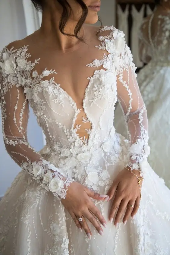 Vestido de noiva свадебное платье с длинными рукавами Иллюзия шеи кружевная Апликация элегантный стиль, для невесты, для свадьбы платья корт поезд платье невесты