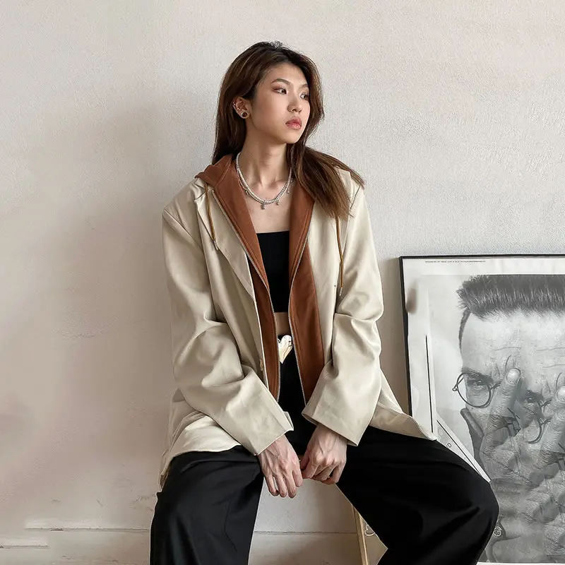 

XITAO New False Two Pieces Women Jacket Contrast Color Splicing Hooded Collar Casual Fashion Vintage Trendy All-match WMD1997