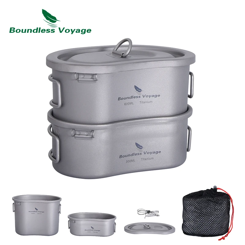 Boundless Voyage Titanium Camping Pot Set with Hanging Ring Lunch Box Portable Bowl Picnic Cookware Cooking Kit for Outdoor