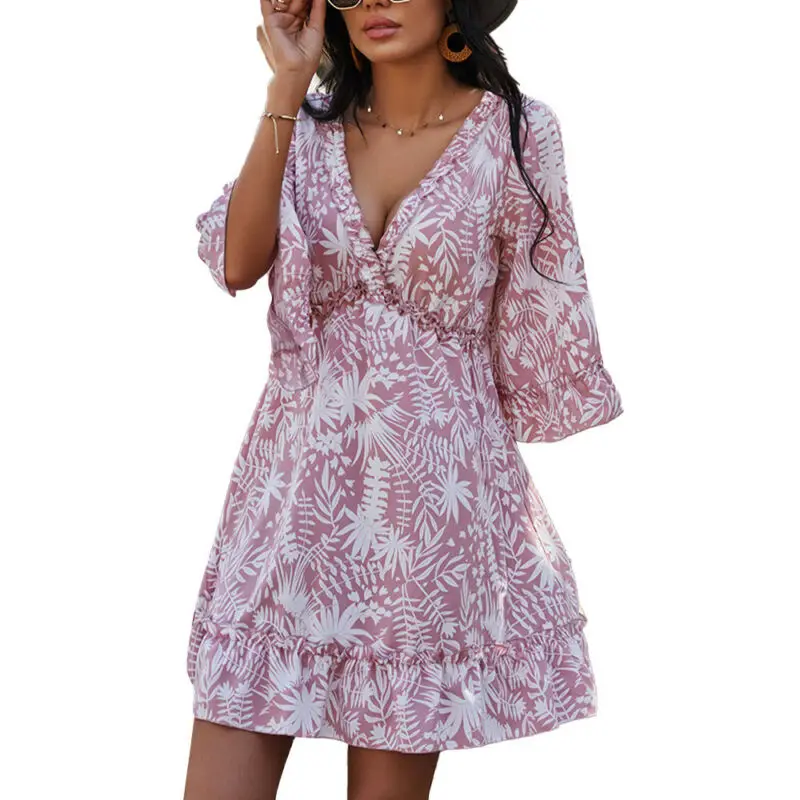 

Летние Цветочный принт женское платье с v-образным вырезом платье трапециевидные пляжные повседневные свободные пляжные платья Женская од...