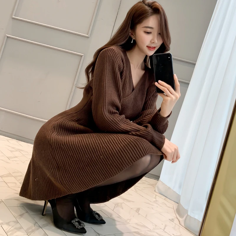 Mozuleva-Элегантное осеннее трикотажное платье с V-образным вырезом и узкой талией