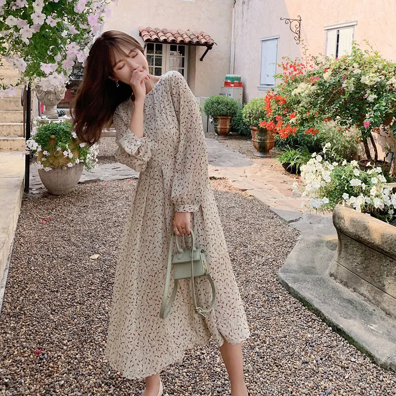 

Женское винтажное шифоновое платье-трапеция, платье с круглым вырезом, длинным рукавом и цветочным принтом, с эластичным поясом, на весну