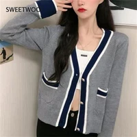 women cardigan striped v neck elegant autumn females outwear street single breasted crop top leisure chic korean style soft warm