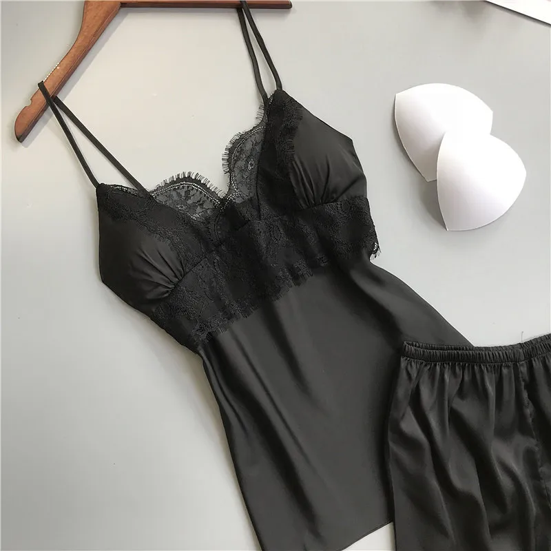 Сезон весна лето женские атласные пижамы комплекты с шортами Пижама без рукавов