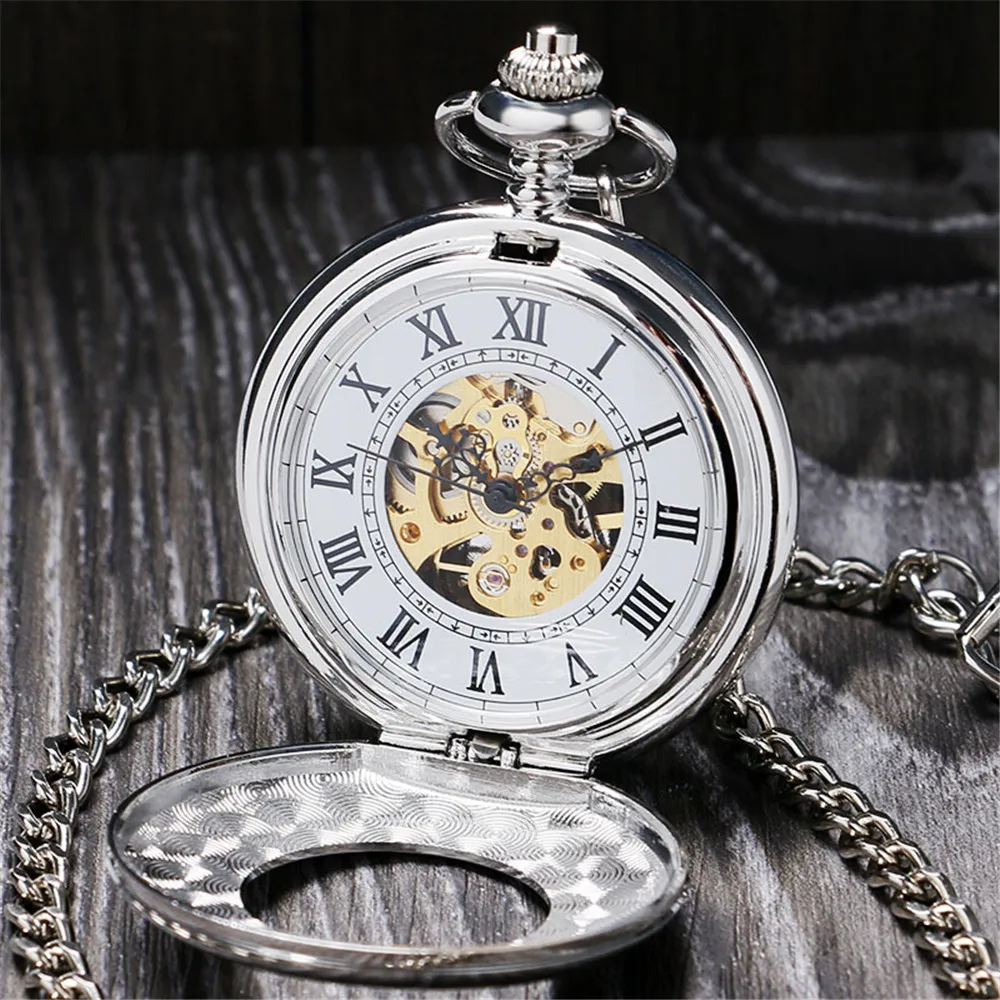 Roman Numerals Mechanical Pocket Watch Silver Smooth Cover Pendant Clock Male Antique Hand Winding Pocket Timepiece with Chain