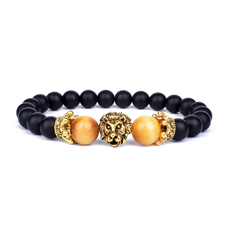 

Fashion Crown Lion Head Bracelet Men New Vintage Luxury Gold color Tiger Eye Stone Bead Bracelets Jewelry Male Pulseira bileklik