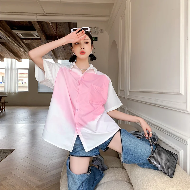

Korejepo Women Blouse 2021 Summer New Sweet Casual White Pink Color Contrast Love Turn-down Collar Short-sleeved Loose Shirt Top