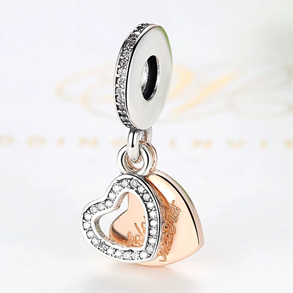 100% стерлингового серебра розовое Золотое любовное сердце кулон шарма бусины