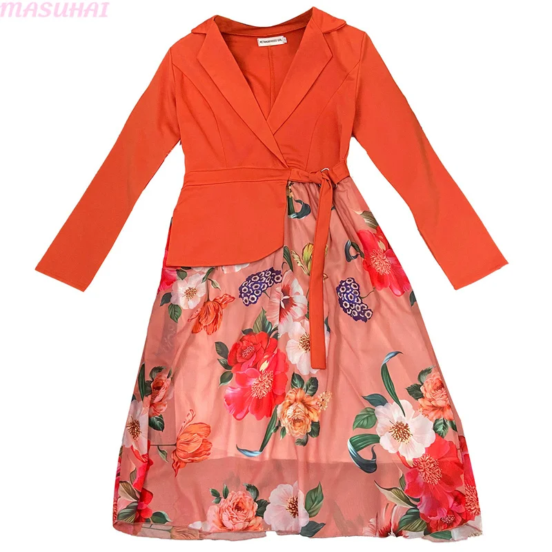 

MASUHAI Fashion women Lapel solid color printing stitching medium long fake 2-piece dress leisure commuter white-collar