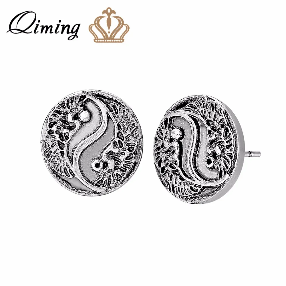 QIMING мужские серьги гвоздики Инь Ян женские этнические ювелирные изделия