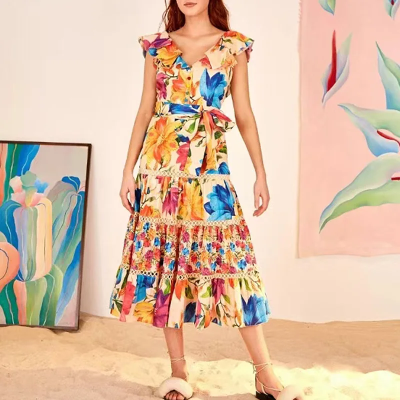 

Miingstyle 2022 Новая Элегантная Повседневная юбка миди с оборками с принтом окрашенное платье с V-образным вырезом и высокой талией для женщин