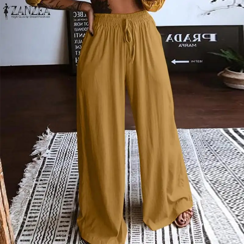

Casual Female Oversized Maxi Pant 2022 Fashion Wide Leg Pants ZANZEA Solid High Elastic Waist Trouser Women Autumn Long Palazzo