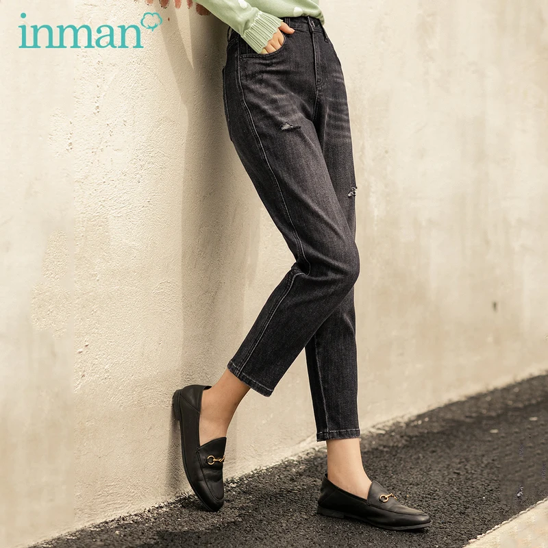 INMAN/осенне-зимние женские рваные черные хлопковые джинсовые брюки до щиколотки