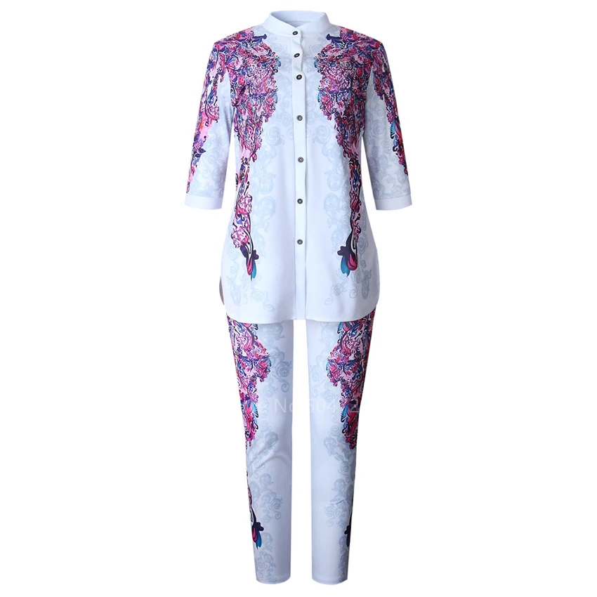 

Fashion Summer Africa Dashiki Print Dress Set for Women Female Hot Drilling African Clothes Bazin Shirt Pants Work Wear Outfits