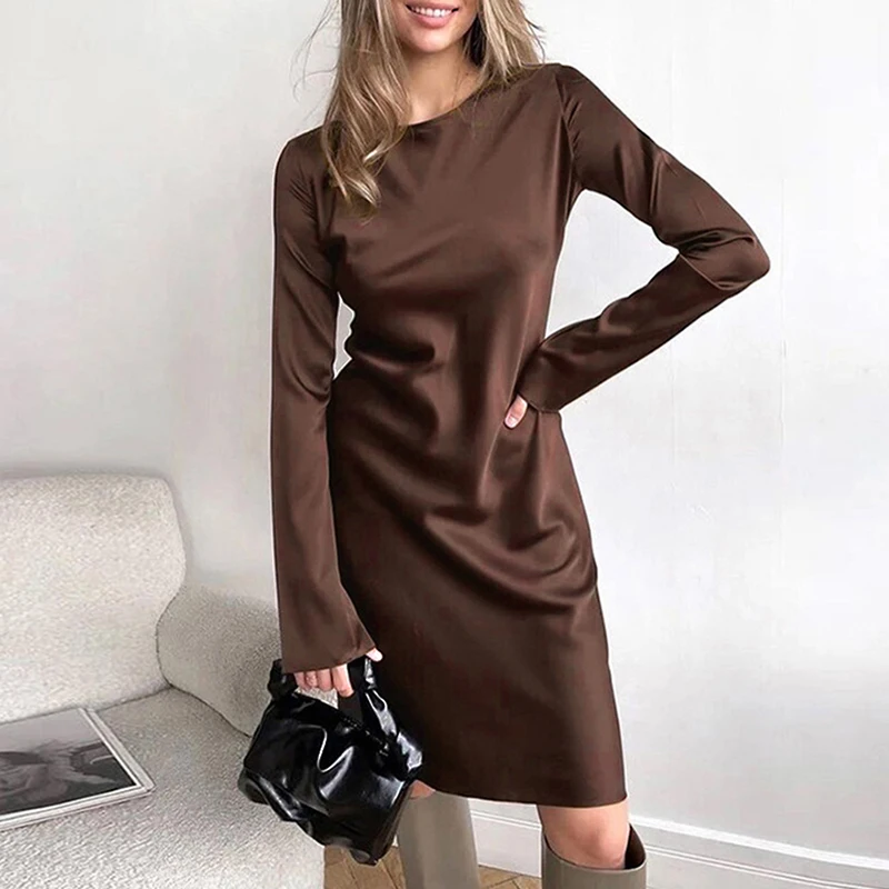 

Satin Women'S Dress Vintage Long Sleeve Casual Solid Elegant Dresses For Women 2022 Party Robe Free Shipping