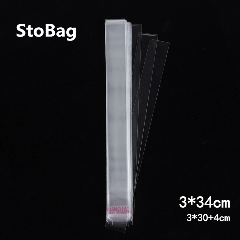 

StoBag 1000pcs 3*34cm Clear Cellophane Cello Bags Plastic Long OPP Card Display Self Adhesive Peel Seal Slender Bag Gift Jewelry