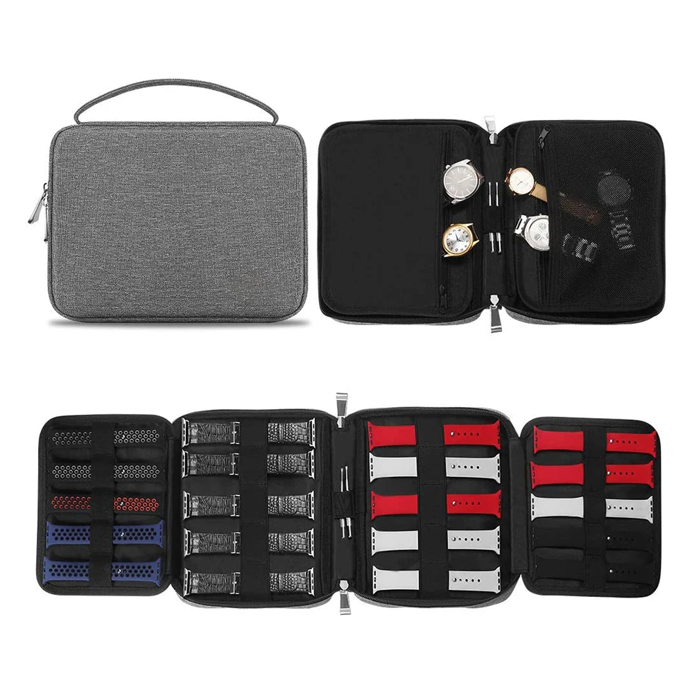 

Portable Watch Strap Organizer Watch Band Storage Box USB Cable Carrier Holder Smartwatch Travel Handbag Home Storage Bag Grey