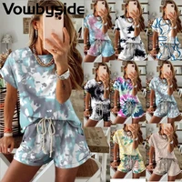 summer womens suit casual loose fashion printing round neck short sleeved t shirt lace up shorts sets