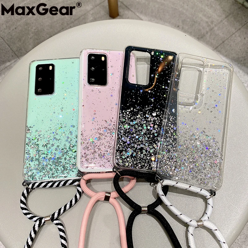Прозрачный блестящий чехол с ремешком через плечо для Huawei P20 P30 P40 Pro Mate 20 30 Honor 10i 10 i