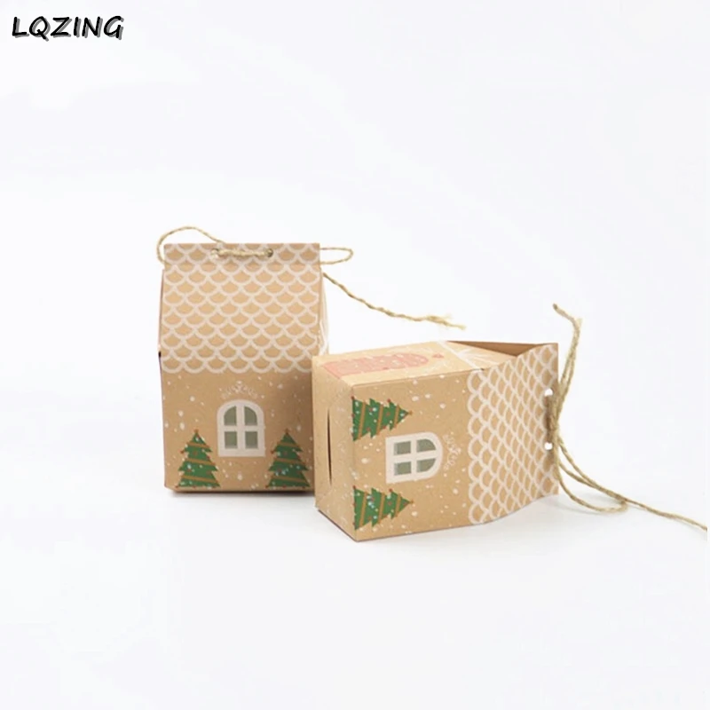5pcs Christmas Tree Printed Kraft Paper Boxes Khaki Candy Bag Favors Gift Box Package Xmas Party Decor Bags with Rope | Дом и сад