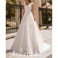ball gown wedding dresses v neck sweep brush train lace tulle sleeveless country with appliques 2021