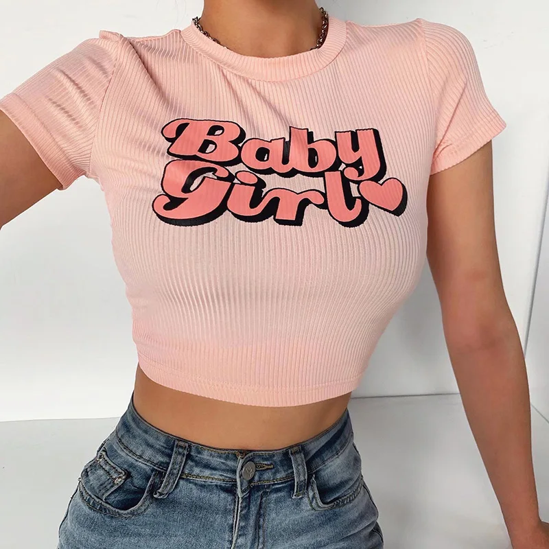 

2021 Summer Women Sexy Skinny Sweet Casual Print Short Sleeve Patchwork Crop Top Baby Girl T Shirt Streetwear Y2k 2000s Tee Tops