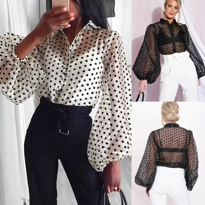 

Women Casual Polka Dot Puff Sleeve Blouse Tops Ladies Baggy Loose Shirt Blouse Clothing