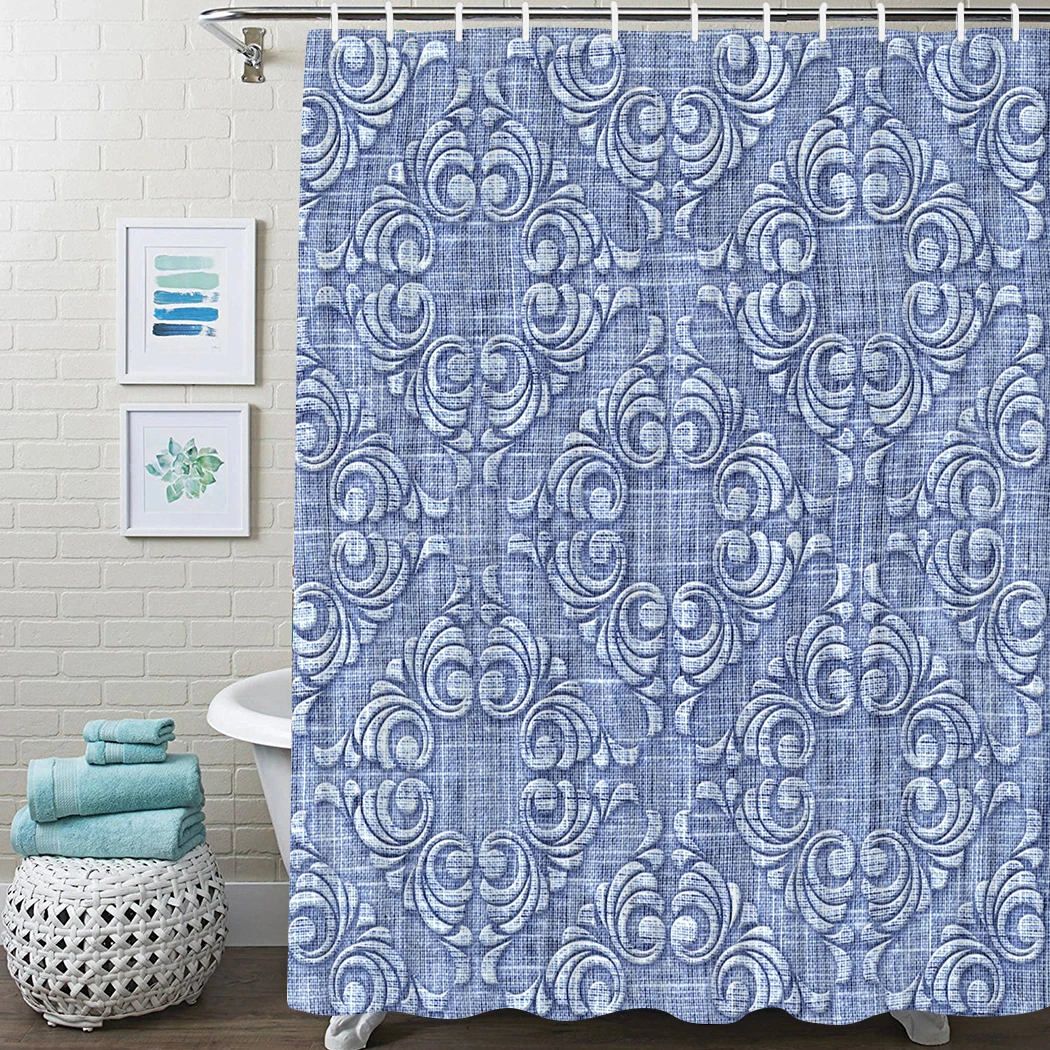 

Elegant Shower Curtain Damask Baroque Denim Shower Curtain Waterproof Fabric For Bathroom Decor Shower Curtains Set With Hooks