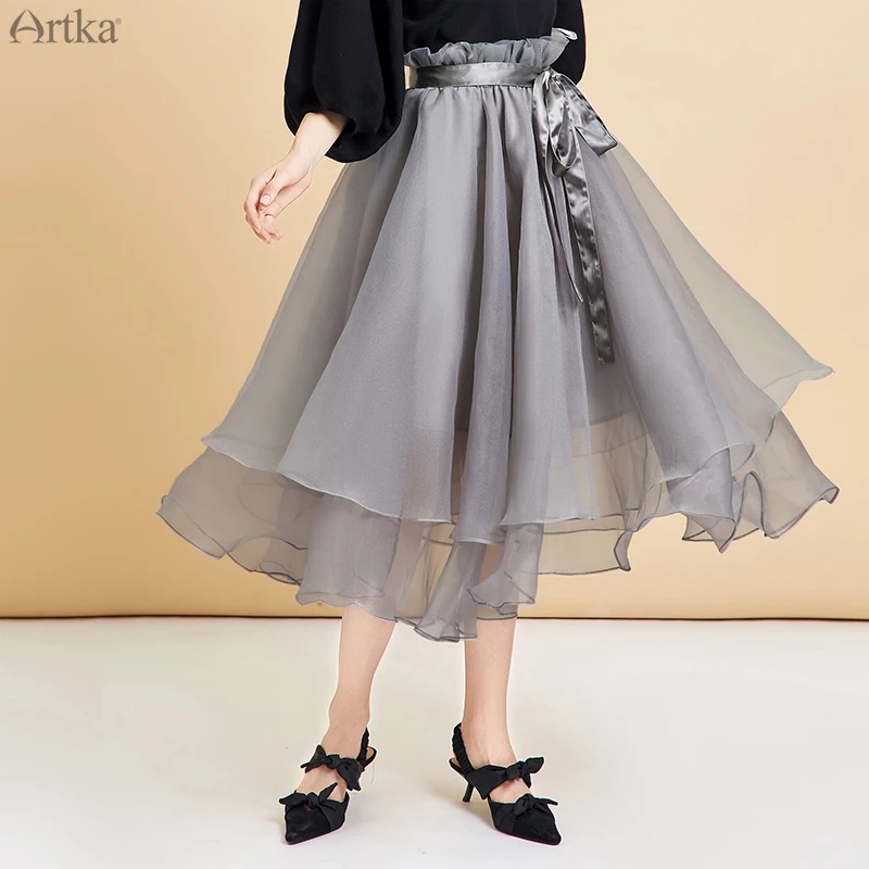 ARTKA 2019 Autumn New Women Sweater Elegant Knitted Organza Skirt Set Lace Sleeves V-Neck Pullover ZA10099Q | Женская одежда