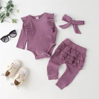 newborn infant baby girls long sleeve clothes ruffle romper bodysuitspantsbow headband 3pcs suit children toddler outfit a422