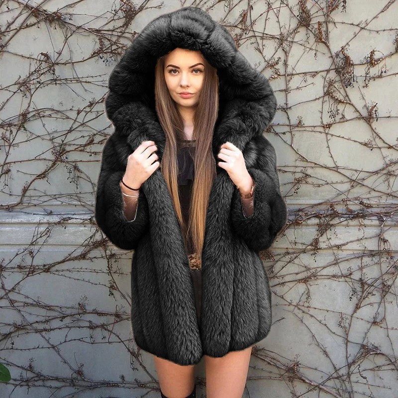 

Plus Size Winter 2020 Fashion Clothes Solid Color Long Sleeve Cardigan Fur Fluffy Coat Casual Hooded Long Faux Fur Coat