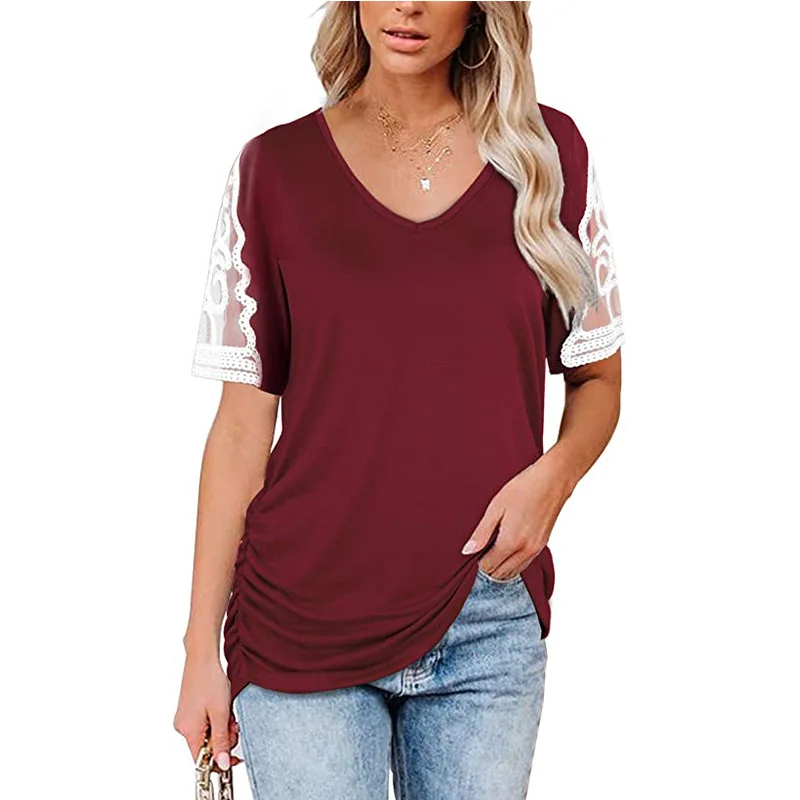 

Cotton Ladies Tops Women Plus Size Lace Patchwork Slim T Shirt Loose V-Neck Short Sleeve Casual Solid Top Summer New Streetwear