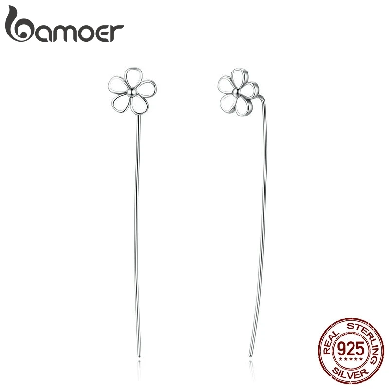 BAMOER,, 925 пробы, серебряный, белый цветок, 5,5 см, длинные висячие серьги для женщин, для помолвки, хорошее ювелирное изделие SCE012