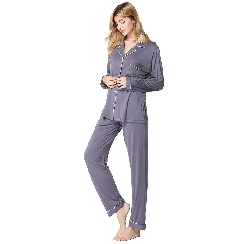 

2021 New Long-sleeved Pajamas Ladies Spring and Autumn Lapel Trousers Home Service Two-piece Modal Ladies Pajamas