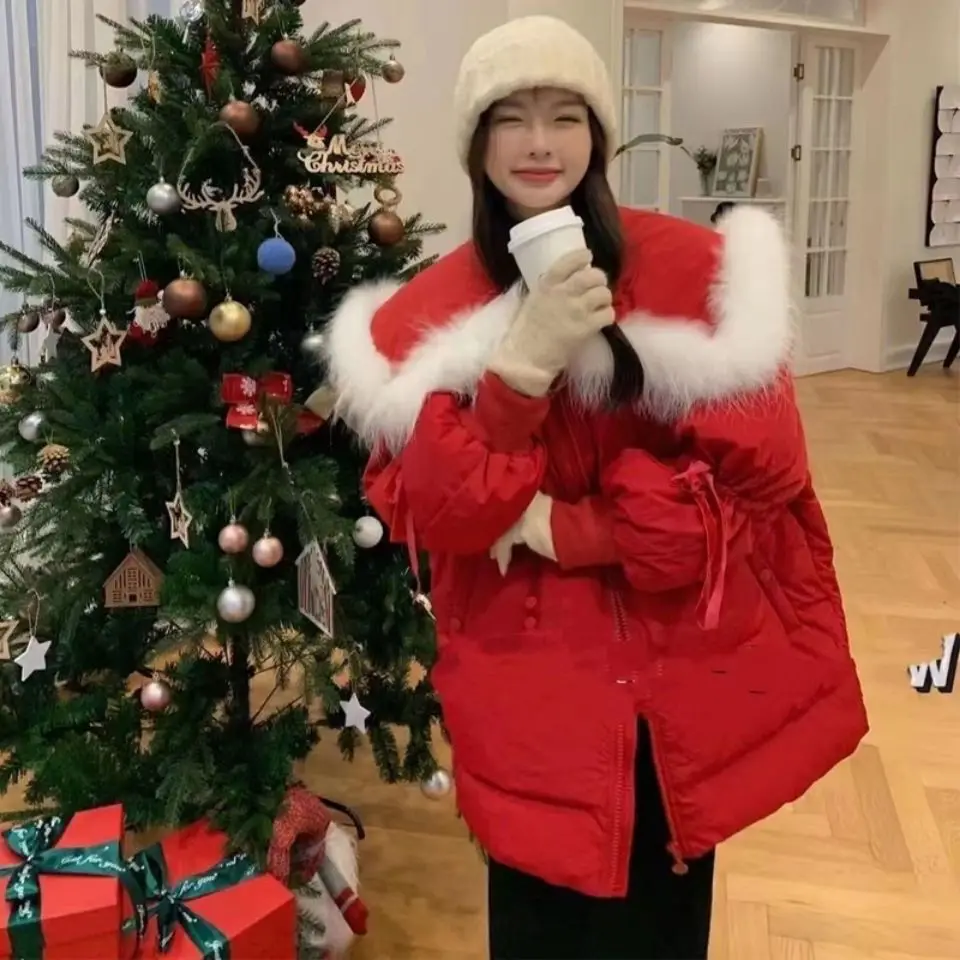 

Navy collar down jacket winter 2021 new drawstring waist-in baby collar Christmas white duck down fashion red warm jacket woman