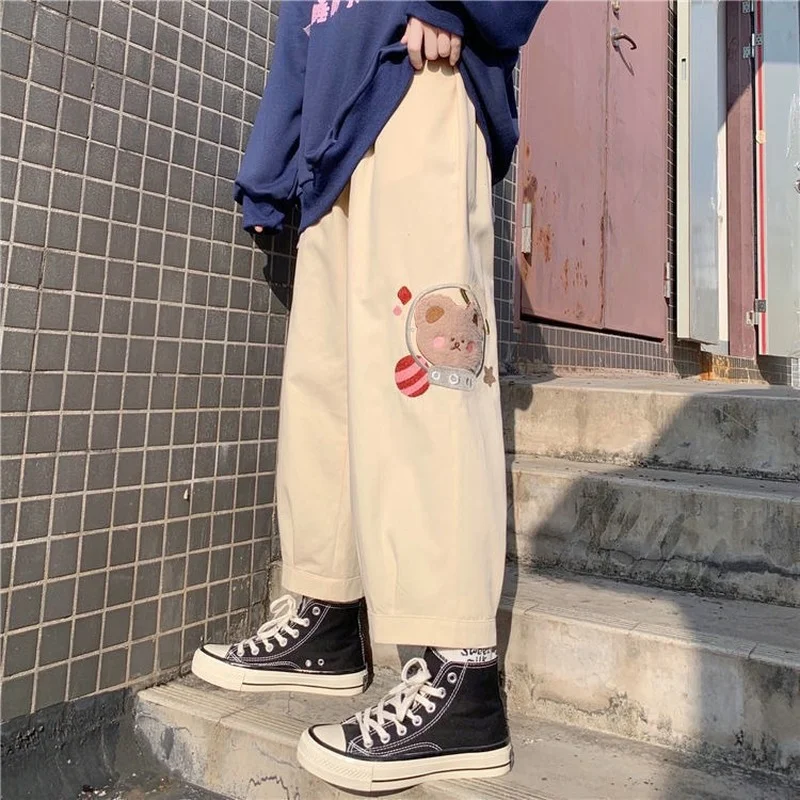 

HOUZHOU Harajuku Beige Pants for Teens Kawaii Soft Girl Aesthetic Cartoon Straight Oversize High Waist Korean Style Trousers